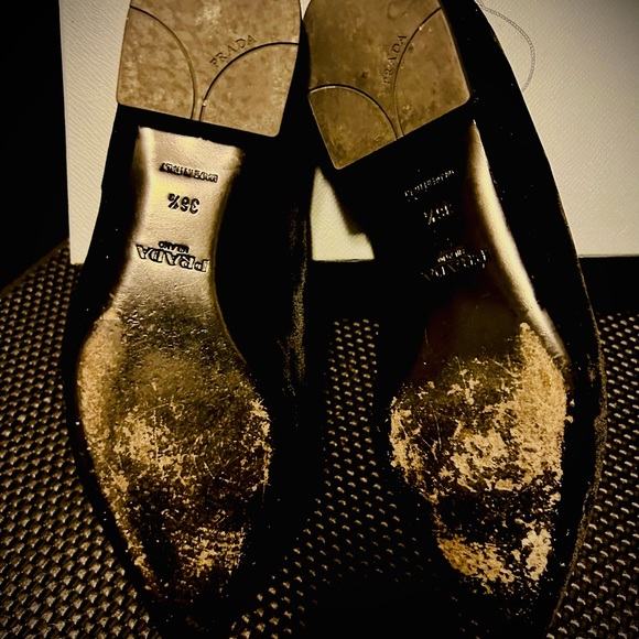Black Velvet Prada loafer w/ leather fringe overlay. - Picture 3 of 6